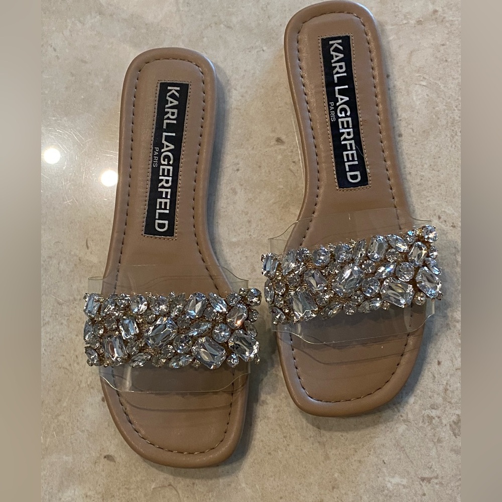 Karl Lagerfeld Tan Crystal Embellished Sandals